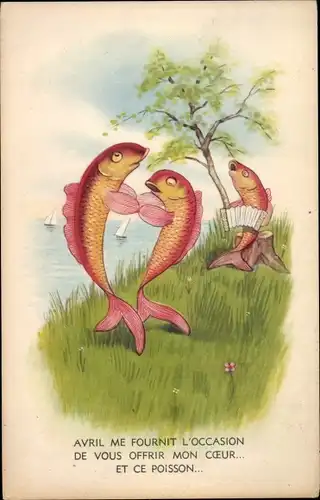Ak Tanzende Fische, Fisch mit Akkordeon, Baum
