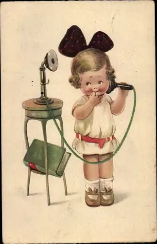 Ak Mädchen beim Telefonieren, Telefon, Buch