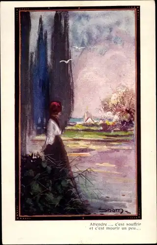 Künstler Ak Snam, Frau am Teich, Attendre... c'est souffrir et c'est mourir un peu...