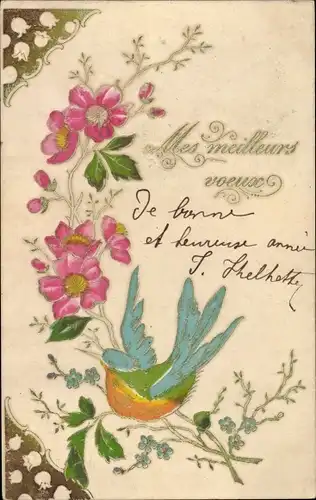 Ak Mes meilleurs voeux, Vogel, Blumen, Maiglöckchen