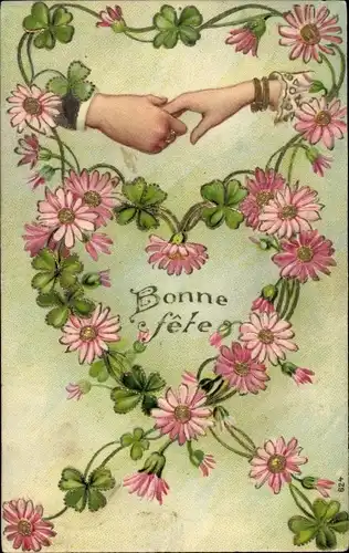 Präge Ak Glückwunsch, Bonne Fete, Händedruck, Blumen, Glücksklee