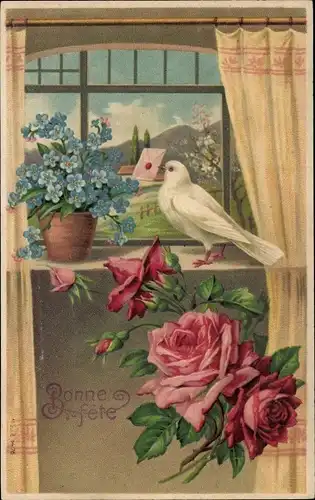 Präge Ak Glückwunsch, Bonne Fete, Rosen, Taube, Brief, Vergissmeinnicht