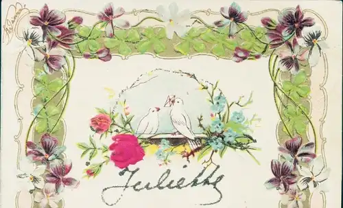 Präge Glitzer Ak Tauben, Rosen, Vergissmeinnicht, Veilchen