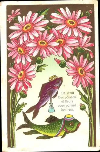 Präge Ak Glückwunsch 1. April, Gekleidete Fische, Blumen