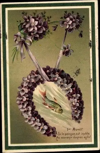 Präge Ak Glückwunsch 1. April, Fisch, Veilchen