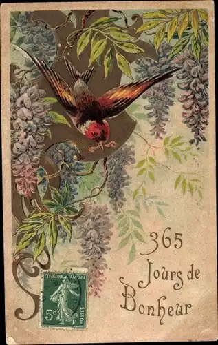 Präge Ak Glückwunsch, Vogel, Regenwurm, Blumen