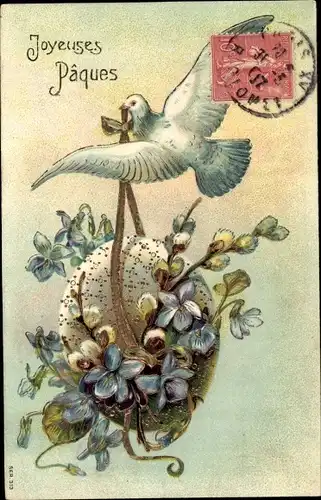 Präge Ak Glückwunsch Ostern, Taube, Weidenkätzchen, Osterei