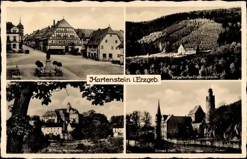 Ak Hartenstein im Erzgebirge Sachsen, Markt, Bergarbeiter Erholungsheim, Schlösser