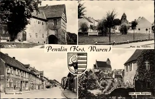 Ak Penzlin in Mecklenburg, Alte Burg, Platz des Friedens, Warener Straße, Blick vom Burgwall