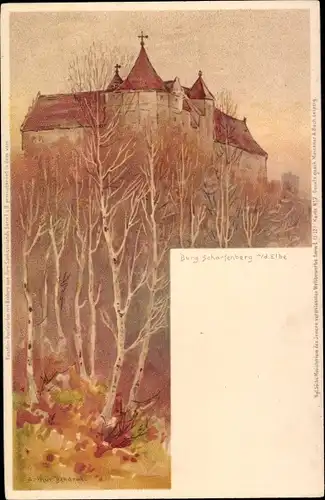 Künstler Litho Bendrat, Arthur, Scharfenberg Klipphausen, Blick zur Burg