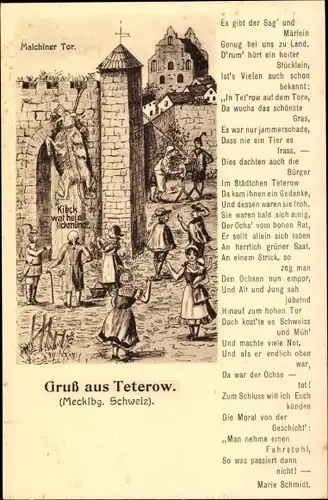 Litho Teterow in Mecklenburg, Malchiner Tor, Gedicht v. Marie Schmidt