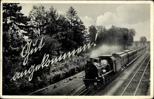 Ak Deutsche Eisenbahn, Lokomotive, Gut angekommen, Gleise