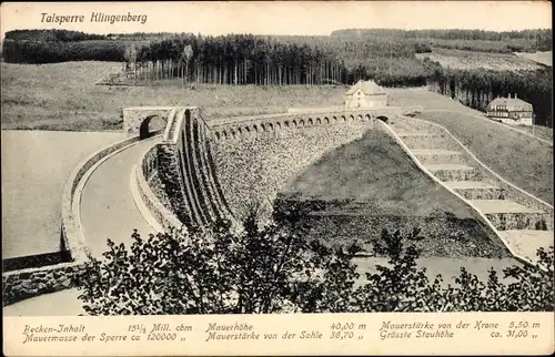 Ak Klingenberg Sachsen, Staumauer der Talsperre, Maßangaben