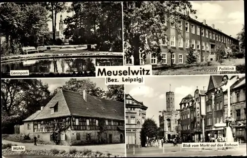 Ak Meuselwitz in Thüringen, Mühle, Poliklinik, Leninpark, Blick vom Markt auf das Rathaus