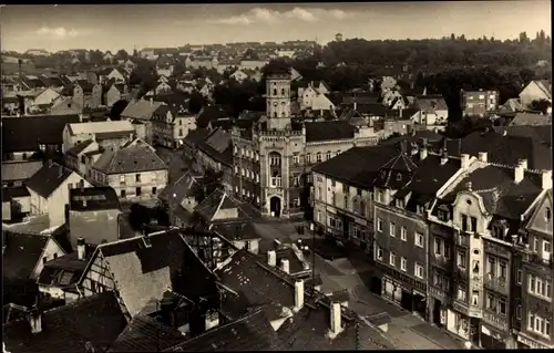 Ak Meuselwitz im Altenburger Land, Blick über die Dächer der Stadt, Straße, Geschäfte