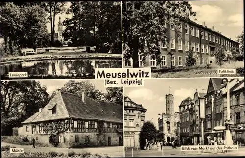 Ak Meuselwitz in Thüringen, Leninpark, Poliklinik, Mühle, Markt, Rathaus