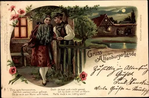Litho Altenburg in Thüringen, Paar in Tracht am Gartenzaun, Mondschein