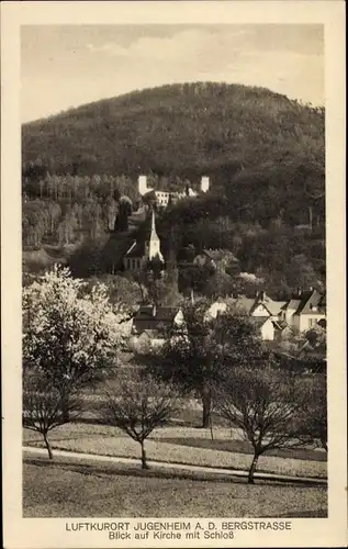 Ak Jugenheim an der Bergstrasse Hessen, Blick auf Kirche mit Schloss