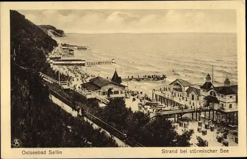 Ak Ostseebad Sellin auf Rügen, Strand bei stürmischer See