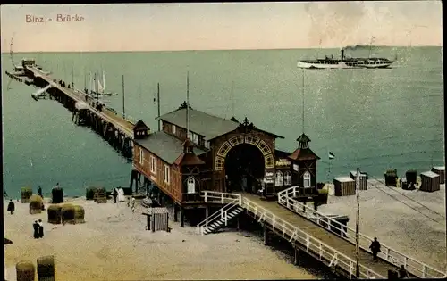 Ak Seebad Binz auf Rügen, Brücke, Dampfer