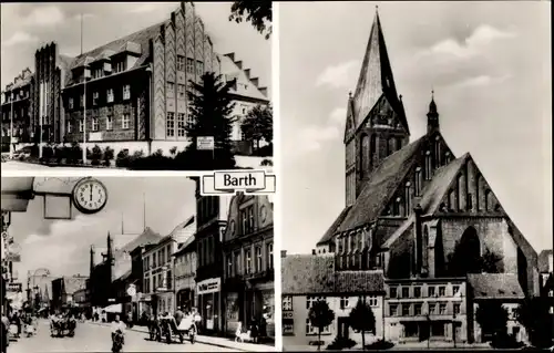 Ak Barth an der Ostsee, Kirche, Straßenpartie, Passanten, Geschäfte