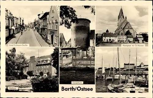 Ak Barth an der Ostsee, Marktplatz mit St. Marien, am Seglersteg, Thälmannstraße, Fangelturm