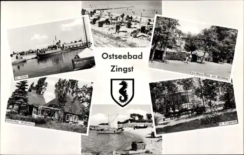 Ak Ostseebad Zingst, Milchbar, Karl Marx Platz, Hafen, Strand, Wappen, Kurgarten