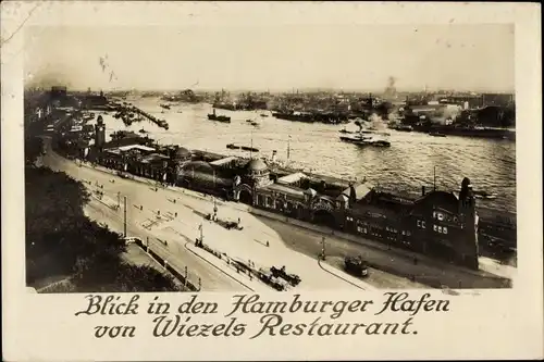 Ak Hamburg Mitte St. Pauli, Landungsbrücken, Blick in den Hafen von Wiezels Restaurant