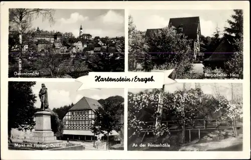 Ak Hartenstein im Erzgebirge, Markt, Fleming Denkmal, Prinzenhöhle, Bergarbeiterheim