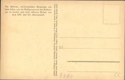 Ak Goslar am Harz, Silberne Bergkanne, goldene Becher aus Huldigungssaal Rathaus zu Goslar