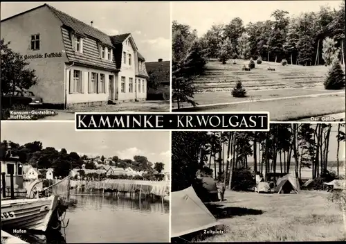 Ak Kamminke auf Usedom, Hafen, Zeltplatz, Konsum Gaststätte Haffblick