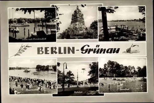 Ak Berlin Köpenick Grünau, Bahnhof, Strandbad, Fähre nach Wendenschloss, Sportdenkmal