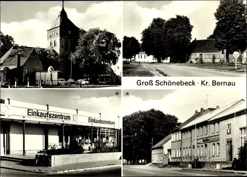 Ak Groß Schönebeck Kreis Bernau, Dorfkirche, Konsum Gaststätte Zur Schorfheide, Einkaufszentrum