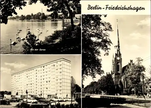 Ak Berlin Köpenick Friedrichshagen, Bölschestraße, Kirche, Assmannstraße, Spreepartie, Schwäne