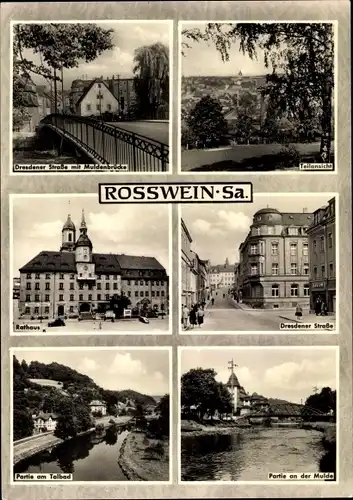 Ak Roßwein in Sachsen, Partie am Talbad, Partie an der Mulde, Rathaus, Dresdener Straße