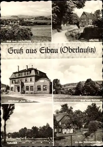 Ak Eibau Kottmar in der Oberlausitz, Blick vom Lerchenberg, HO Hotel zum Hirsch, Volksbad, Uferweg