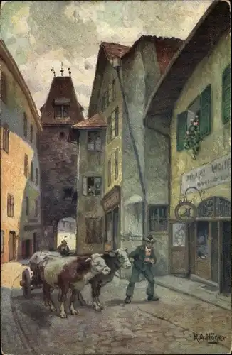 Künstler Ak R. A, Höger, Meran Merano Südtirol, Pension, Bauer, Rinder mit Fuhrwerk
