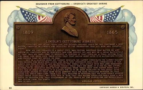 Ak Gettysburg Pennsylvania USA, Lincoln, Bronze Tablet