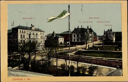 Ak Limbach Oberfrohna Sachsen, Bürgerschule I, Hotel Hirsch, Amtsgericht, Diaconat, Kriegerdenkmal