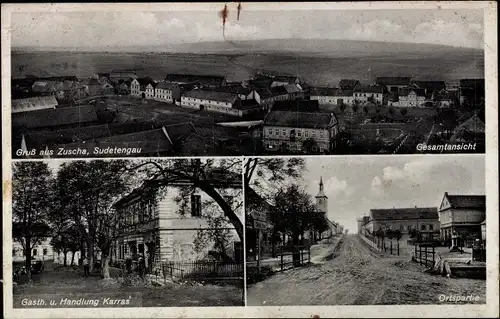 Ak Sušany Zuscha Strupčice Trupschitz Region Aussig, Gasthaus und Handlung Karras, Blick auf den Ort