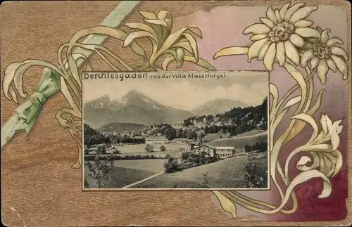 Präge Ak Berchtesgaden in Oberbayern, Ort von der Villa Malerhügel aus gesehen, Edelweiß