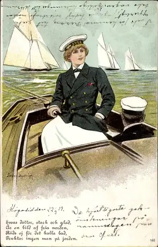 Künstler Ak Nyström, Jenny, Frau in Seemannskleidung auf einem Segelboot