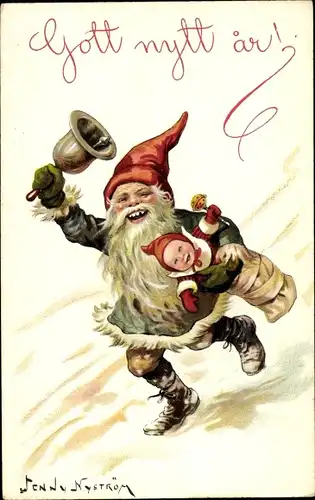 Künstler Ak Nyström, Jenny, Glückwunsch Neujahr, Zwerg mit Baby und Glocke