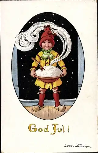 Künstler Ak Nyström, Jenny, Glückwunsch Weihnachten, Junge in schwedischer Tracht mit Teller