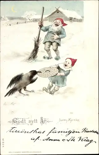 Künstler Ak Nyström, Jenny, Glückwunsch Neujahr, Zwerg und Rabe ziehen an einem Keks