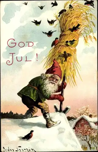 Künstler Ak Nyström, Jenny, Glückwunsch Weihnachten, Zwerg mit Getreidebündel auf Hausdach, Vögel