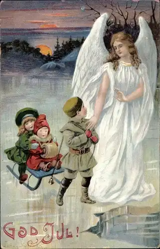 Ak Glückwunsch Weihnachten, Engel und Kinder mit Schlitten auf dem Eis, Schutzengel