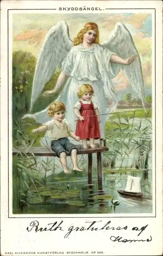 Ak Skyddsängel, Schutzengel wacht über Kinder auf einem Steg, Modellboot