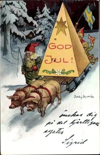 Künstler Ak Nyström, Jenny, Glückwunsch Weihnachten, Schweine ziehen Schlitten, Zwerge