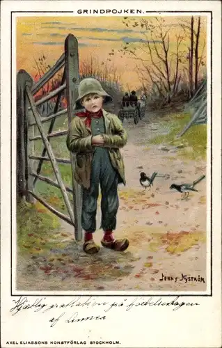 Künstler Ak Nyström, Jenny, Grindpojken, Junge an einem Tor, Elstern